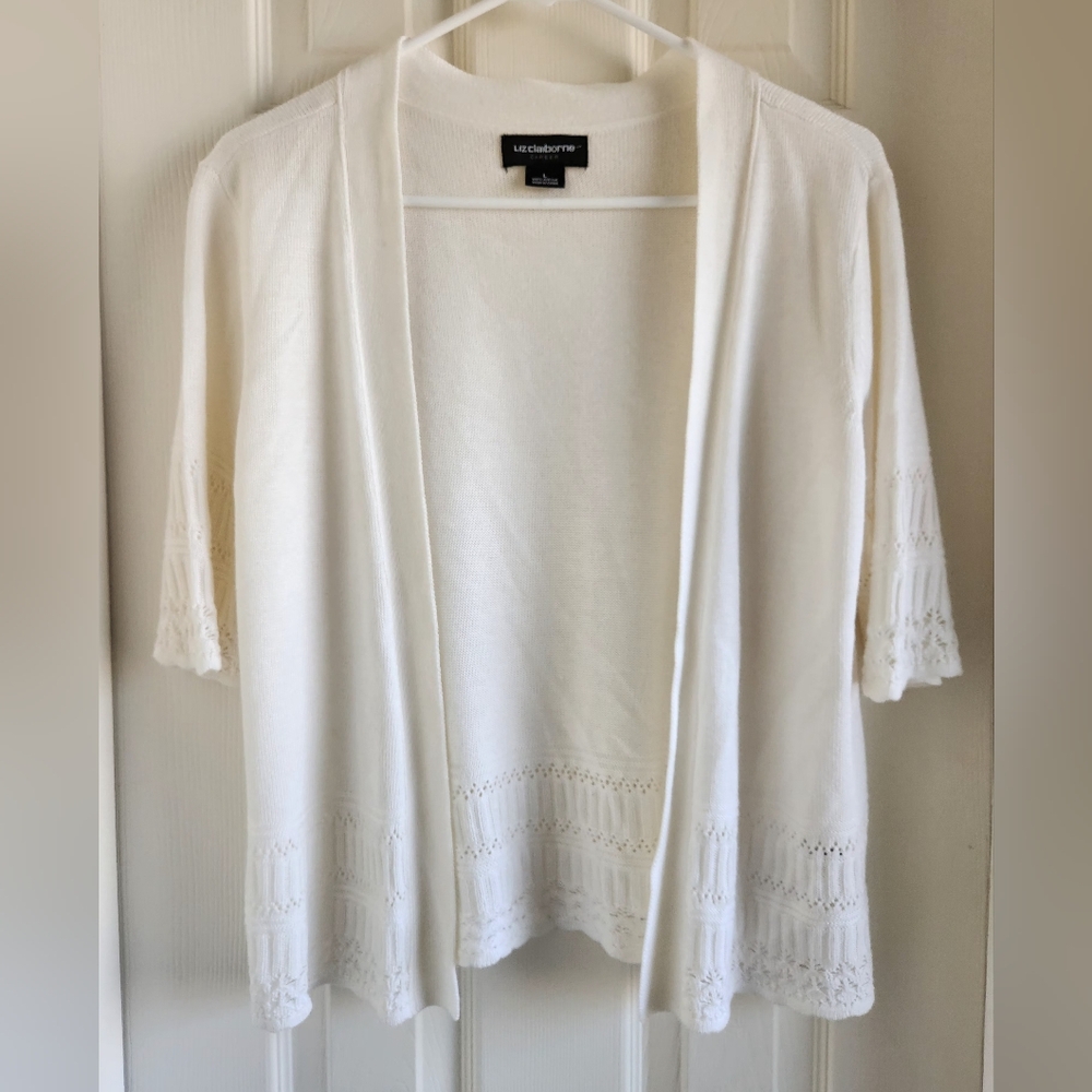 Liz Claiborne Career Off‎ White Lace Trim Open Cardigan Size Large
